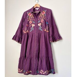 Johnny Was Shuri Purple Tiered Cotton Embroidered Dress